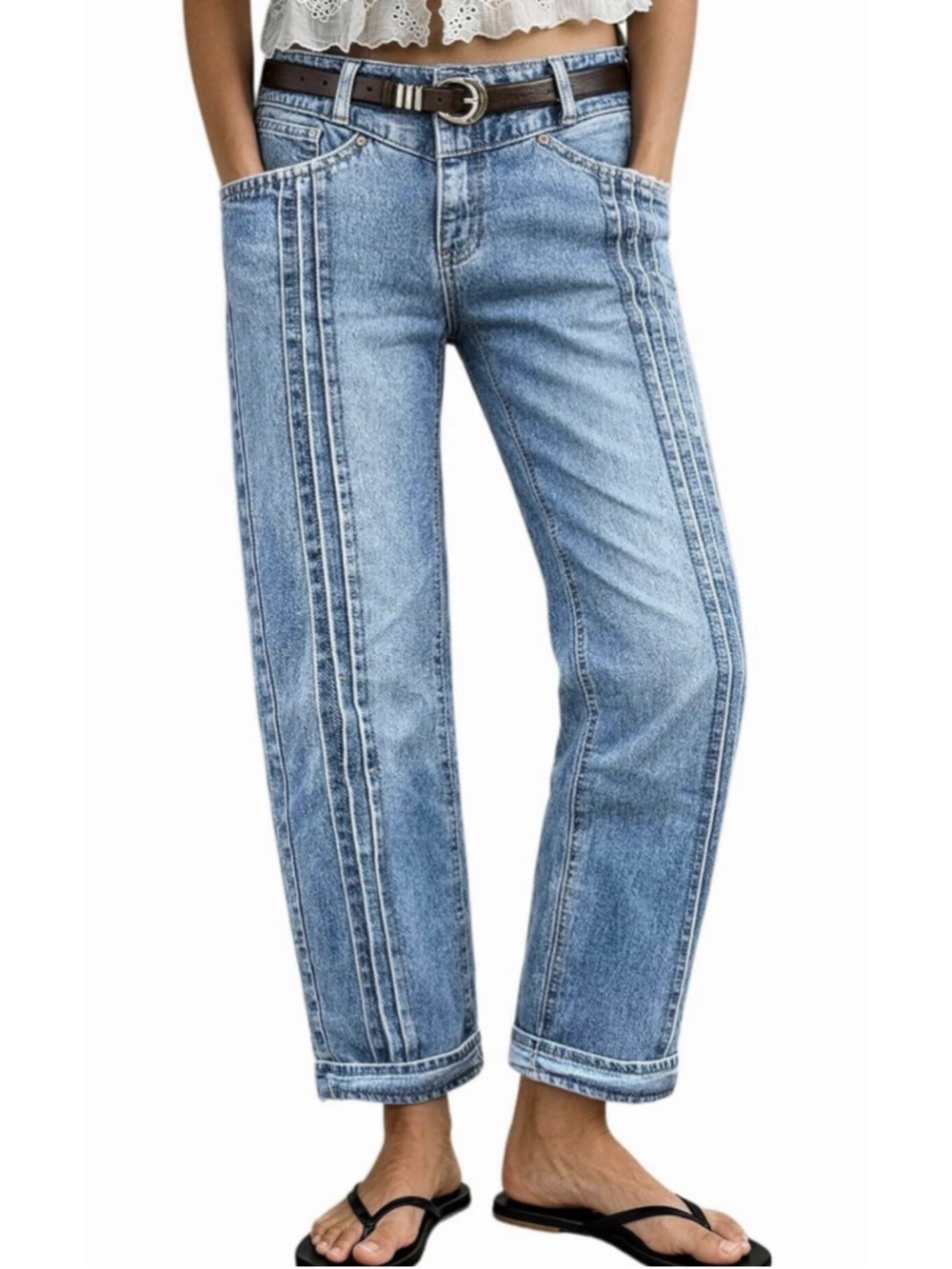 Wash Pleated High Rise Straight Leg Crop Jeans Without Belt 2XL